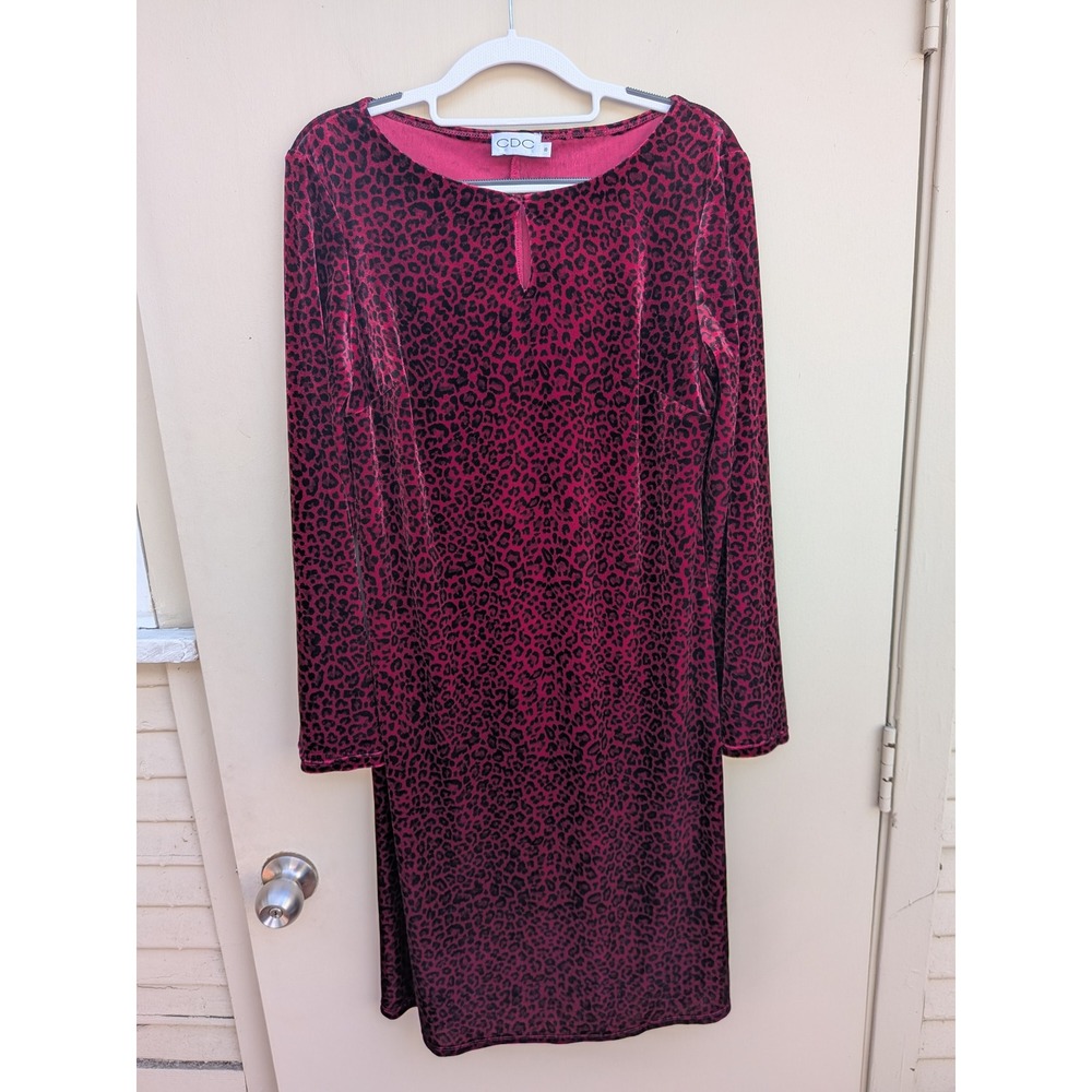 CDC Women's Burgundy Black Leopard Print Velvet Long Sleeve Keyhole Dress Size 8